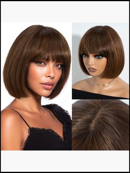 Human Hair Short Bob Wig with Bangs Glueless Lace Top Straight 8 Inch main image 5